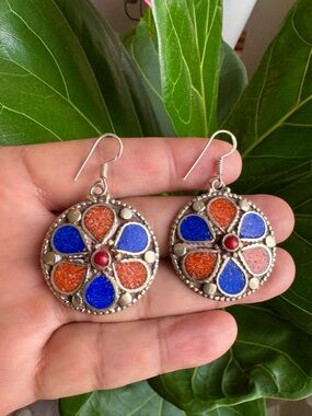Vintage Ethnic Tribal Dangle Earrings Inlay Stones Set In Silver 2”inch & 18gram